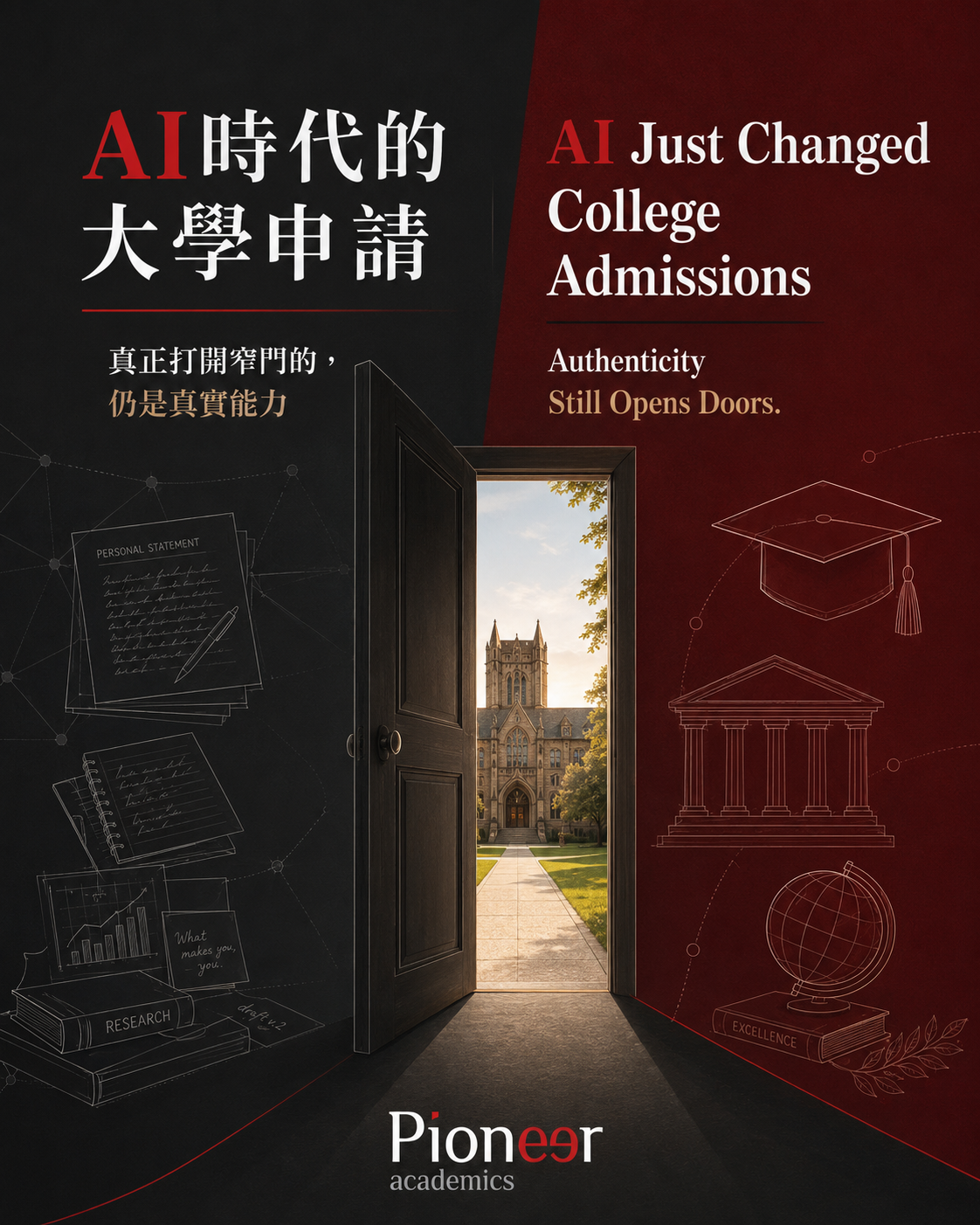AI 時代的大學申請」，以深灰與暗紅色呈現一扇開啟的大學窄門，通往校園建築，下方附有 Pioneer Academics 標誌。